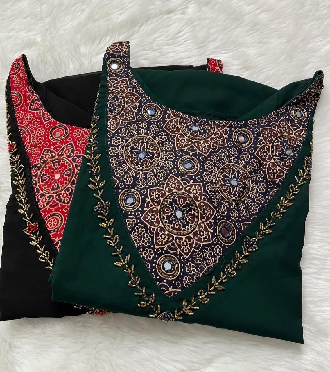 Georgette A-Line Kurti with Ajrakh Patch & Mirror Work on Yoke